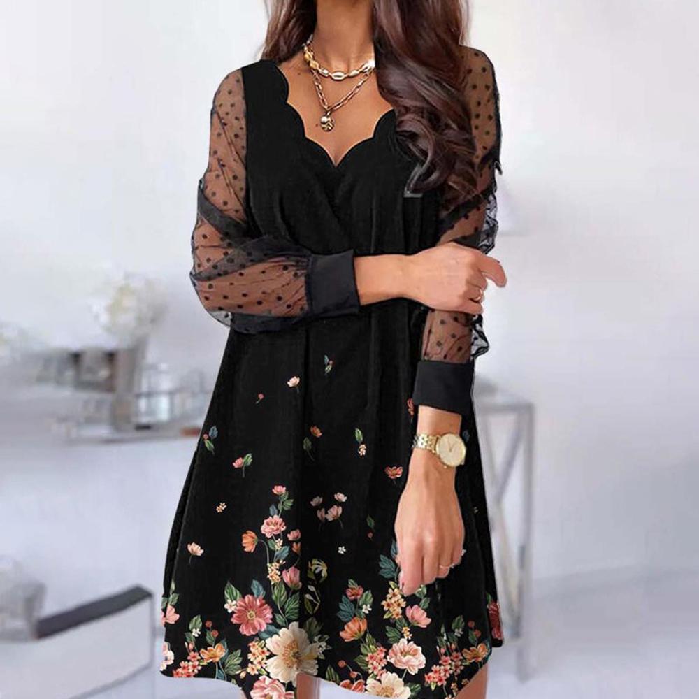 Black Scallop Detail Floral & Butterfly Print V Neck Contrast Lace Long Sleeve Dress