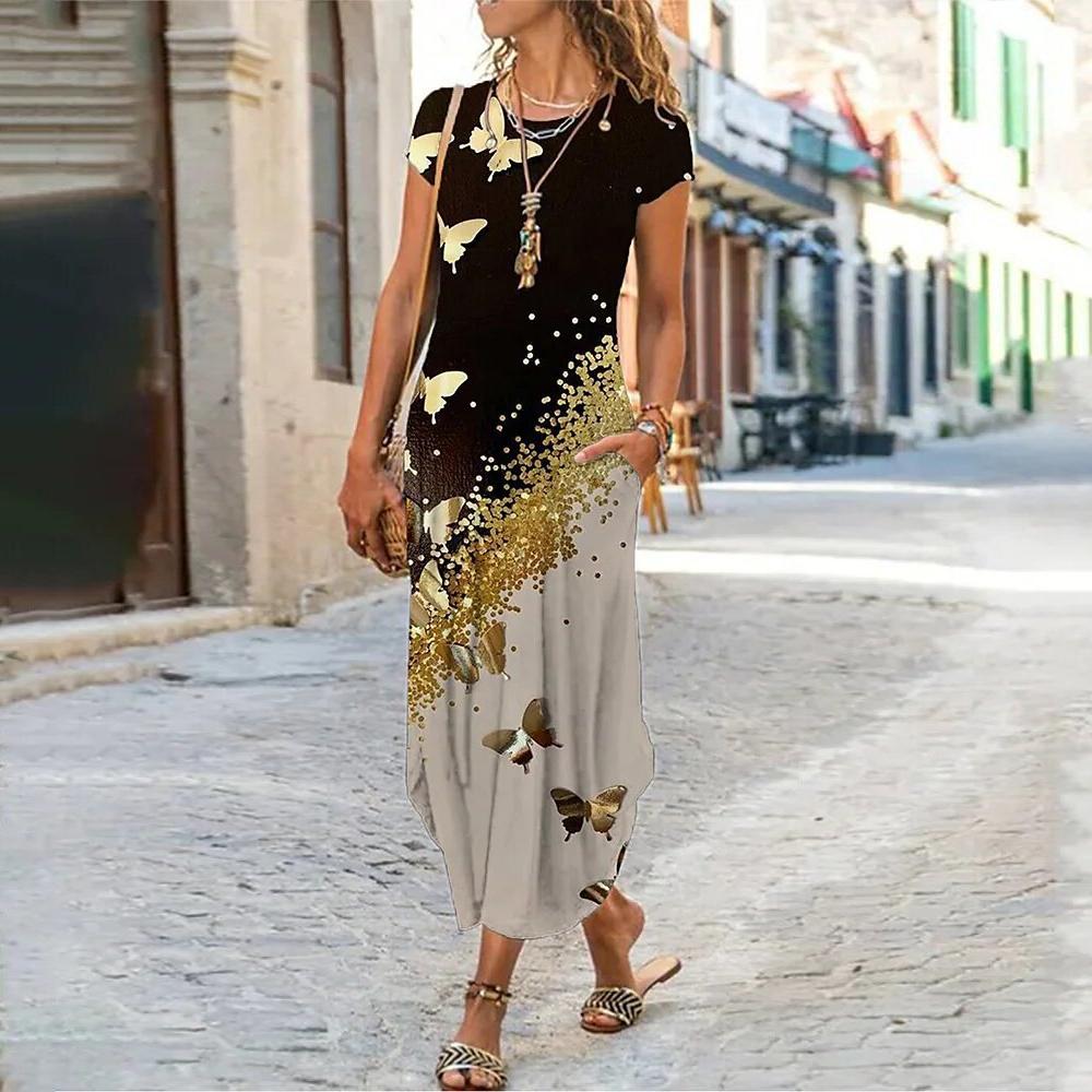 Butterfly Print Round Neck Short Sleeve Long Dress
