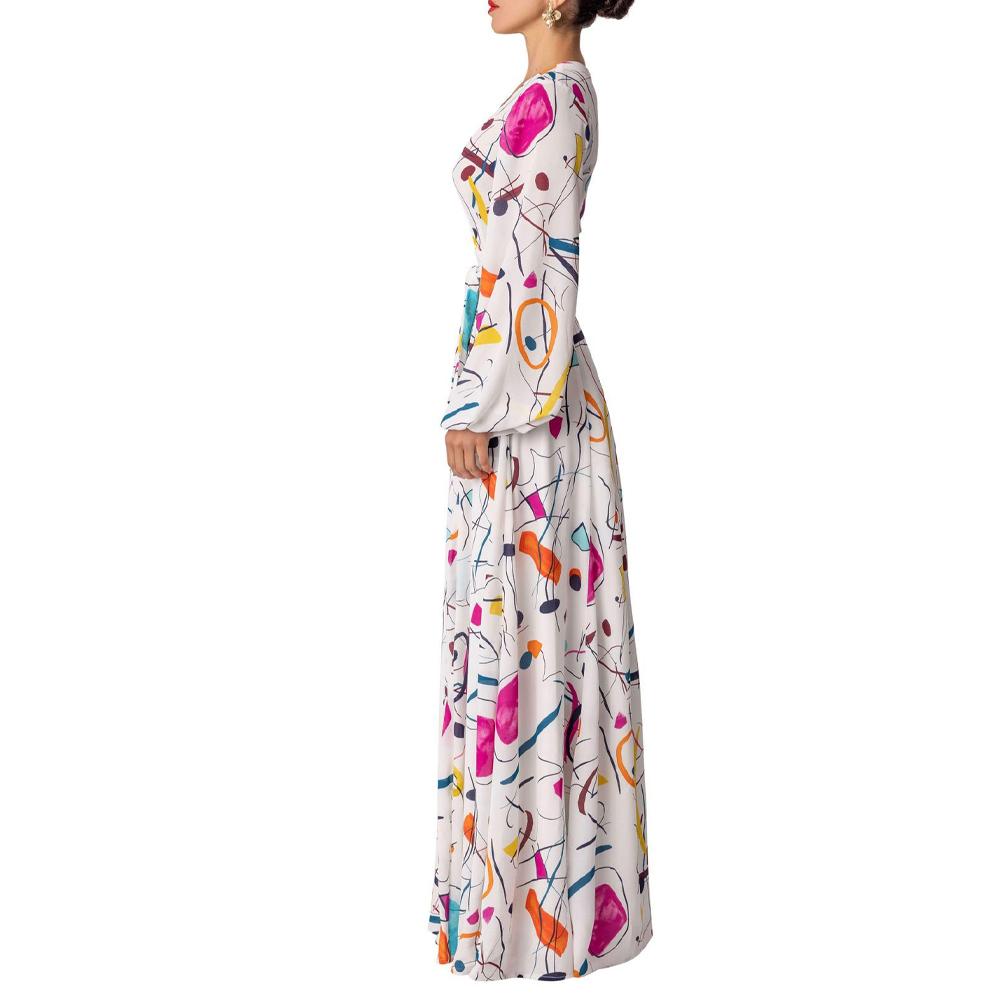 Graphic & Geo Print Lantern Sleeve Overlap Collar Split Thigh Belted Dress