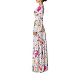 Graphic & Geo Print Lantern Sleeve Overlap Collar Split Thigh Belted Dress