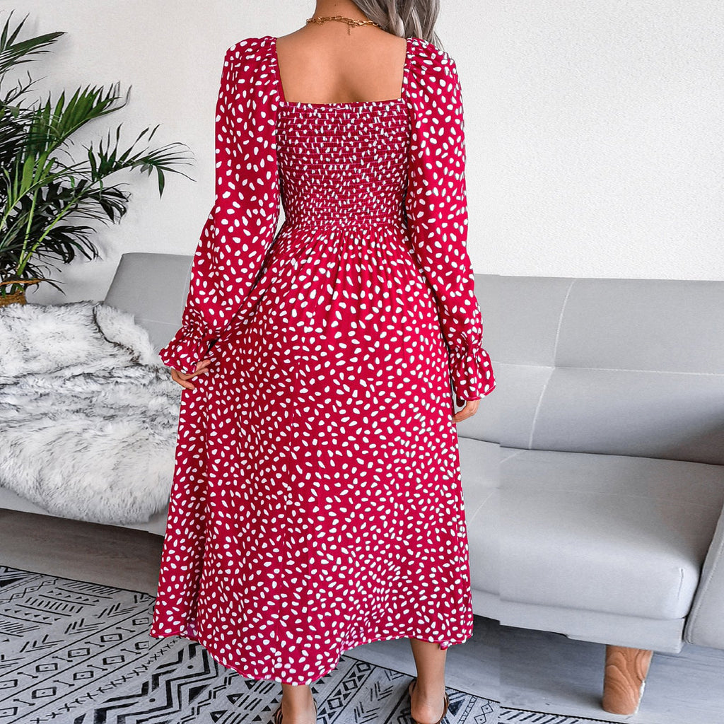 Adult Square Neck Maxi Dress Puff Sleeve Pleated Dress