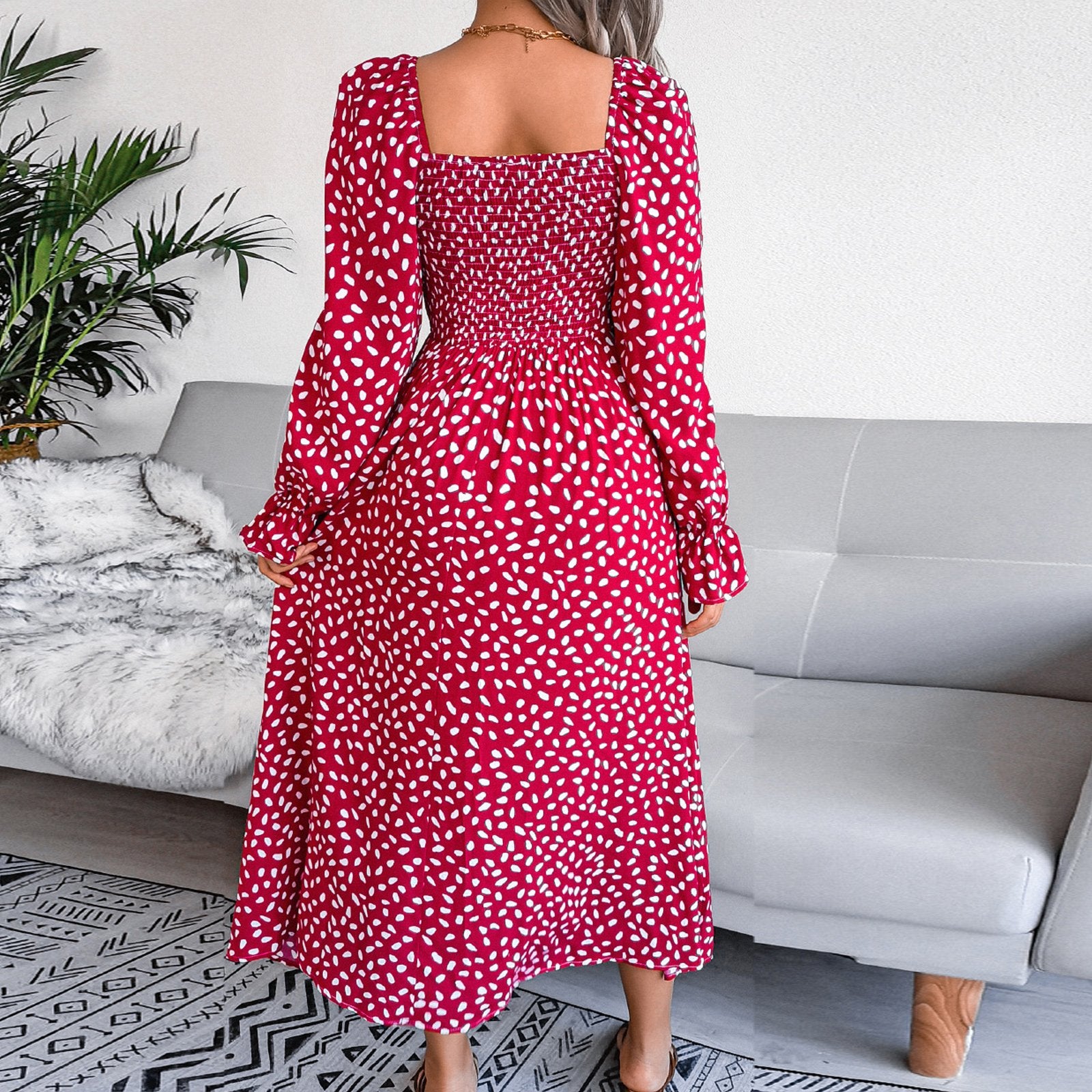 Adult Square Neck Maxi Dress Puff Sleeve Pleated Dress