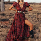 Floral Print Puff Sleeve Button Front Through V Neck Ruffle Slit Hem Dress Without Belt