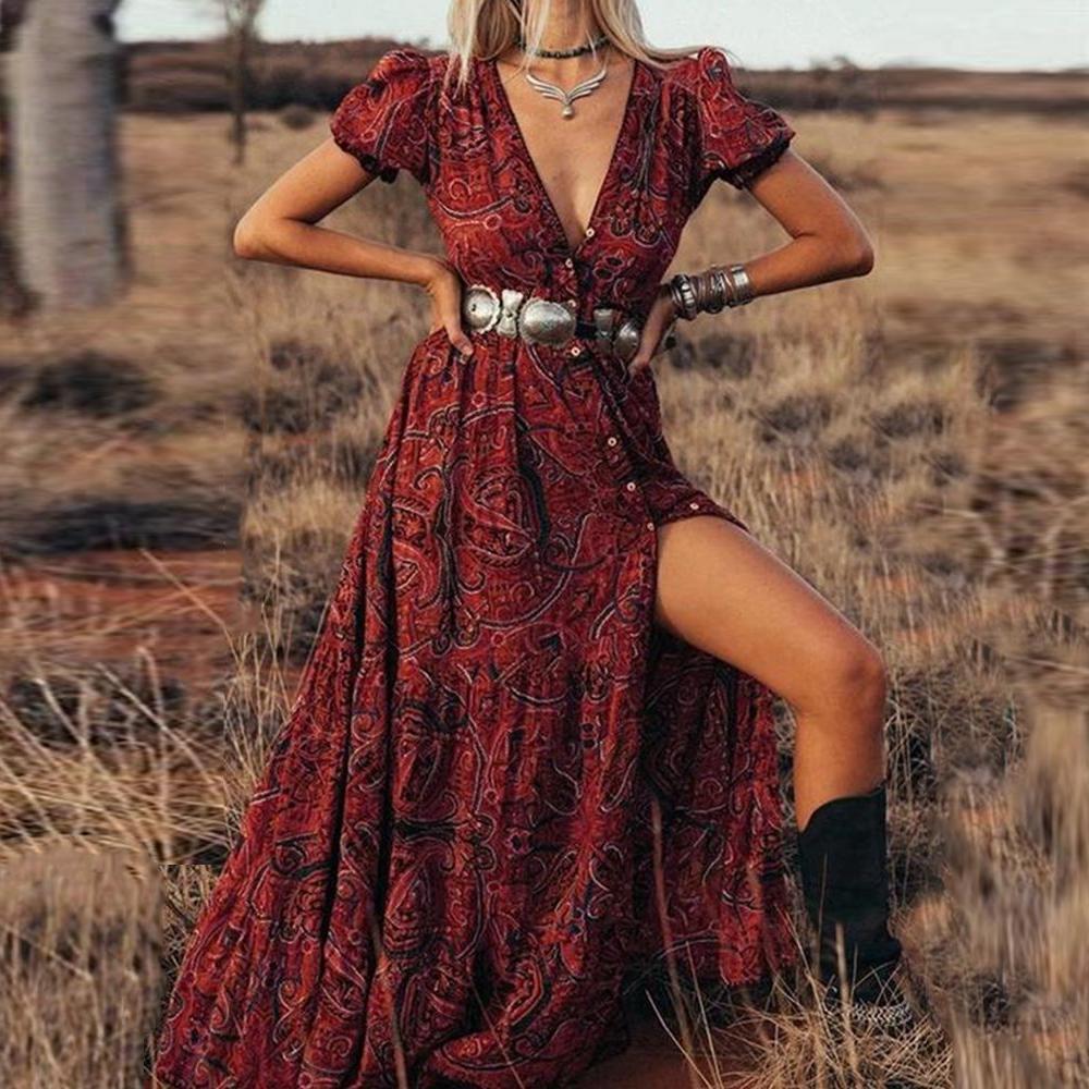 Floral Print Puff Sleeve Button Front Through V Neck Ruffle Slit Hem Dress Without Belt