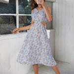 Ditsy Floral Print Round Neck Sleeveless Cut Out Waist Dress