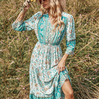 Green Paisley & Floral Print Button Front Knot Waist V Neck Dress