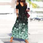 Black V Neck Floral Print Cold Shoulder Short Sleeve Dress