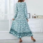 Half Button Allover Floral Print V Neck Bishop Sleeve Maxi Dress