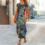 Floral Print Round Neck Short Sleeve Long Dress