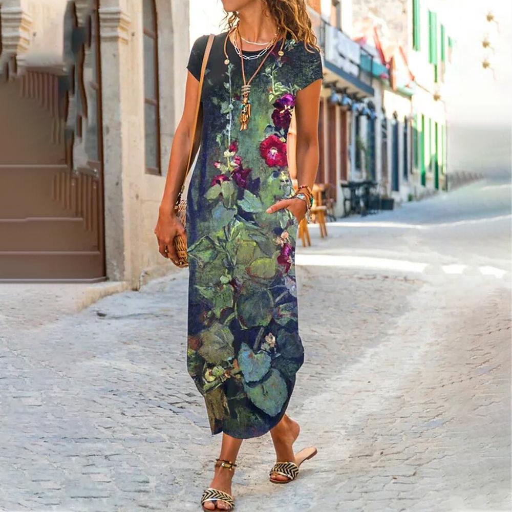 Floral Print Round Neck Short Sleeve Long Dress
