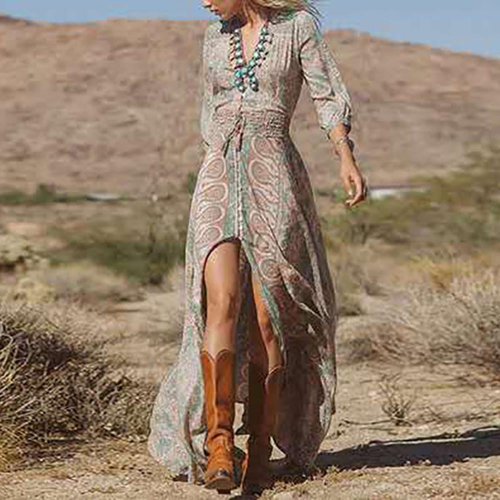 Allover Print Tie Front V Neck Shirred Waist Split Thigh Dress