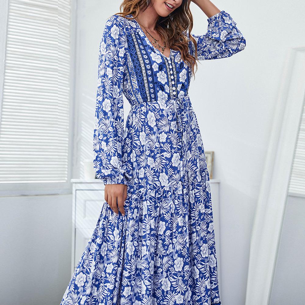 Half Button Allover Floral Print V Neck Bishop Sleeve Maxi Dress