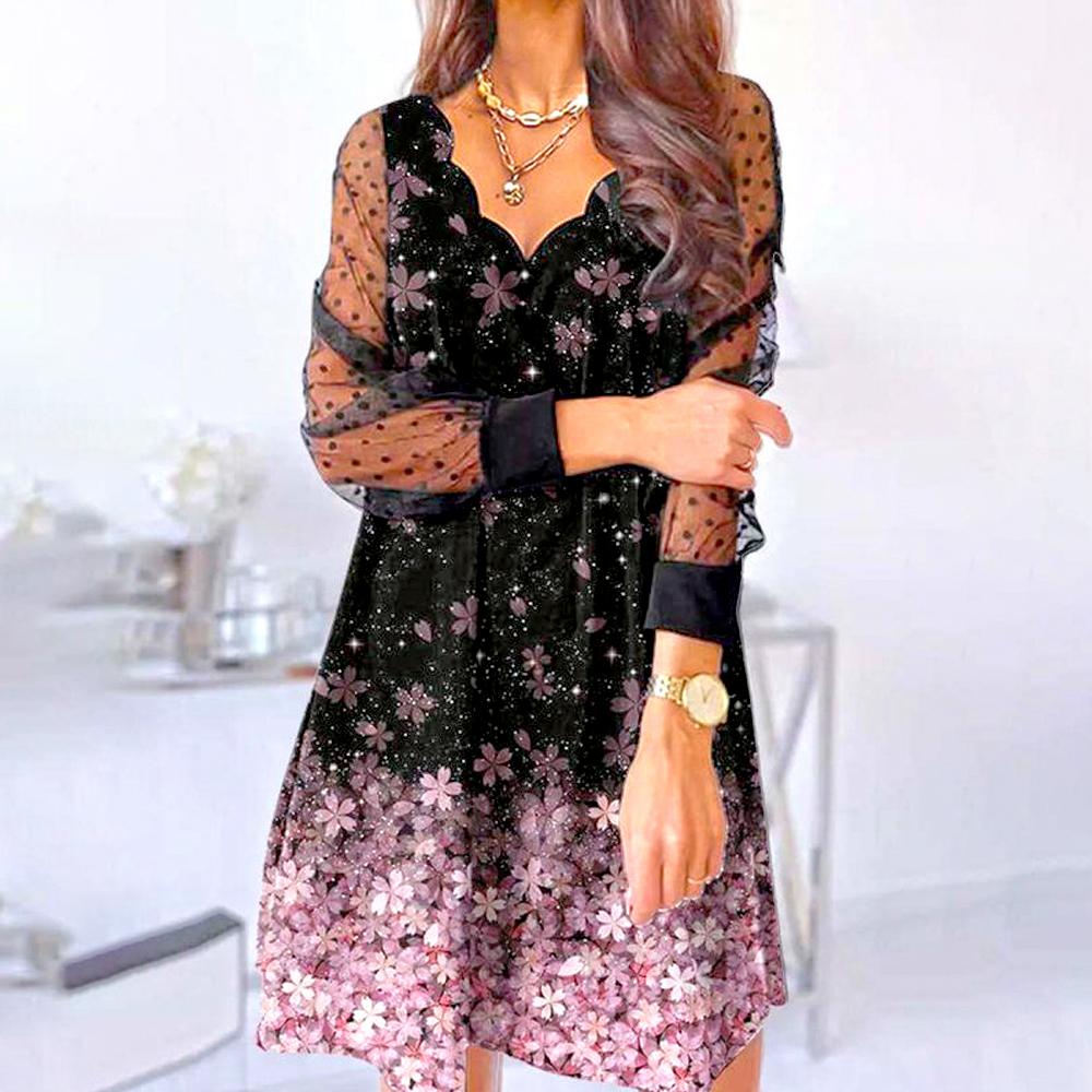 Black Scallop Detail Floral & Butterfly Print V Neck Contrast Lace Long Sleeve Dress