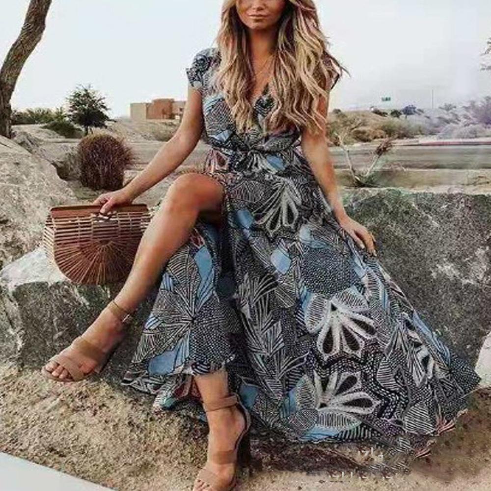 Women Boho Summer Beach V Neck Short Sleeve Belted Maxi Dress