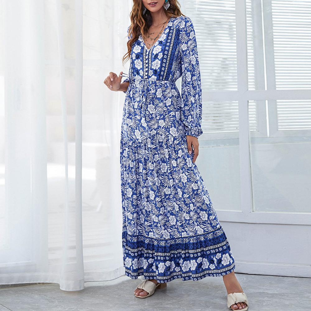 Half Button Allover Floral Print V Neck Bishop Sleeve Maxi Dress