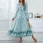Half Button Allover Floral Print V Neck Bishop Sleeve Maxi Dress