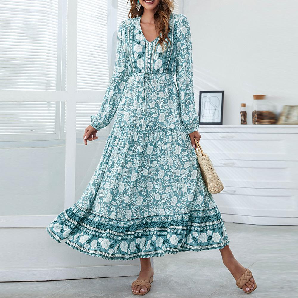 Half Button Allover Floral Print V Neck Bishop Sleeve Maxi Dress