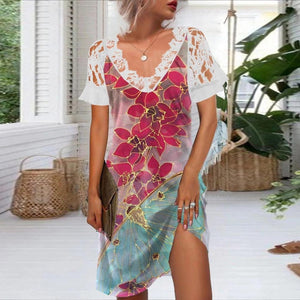 Floral Print V Neck Contrast Lace Short Sleeve Dress