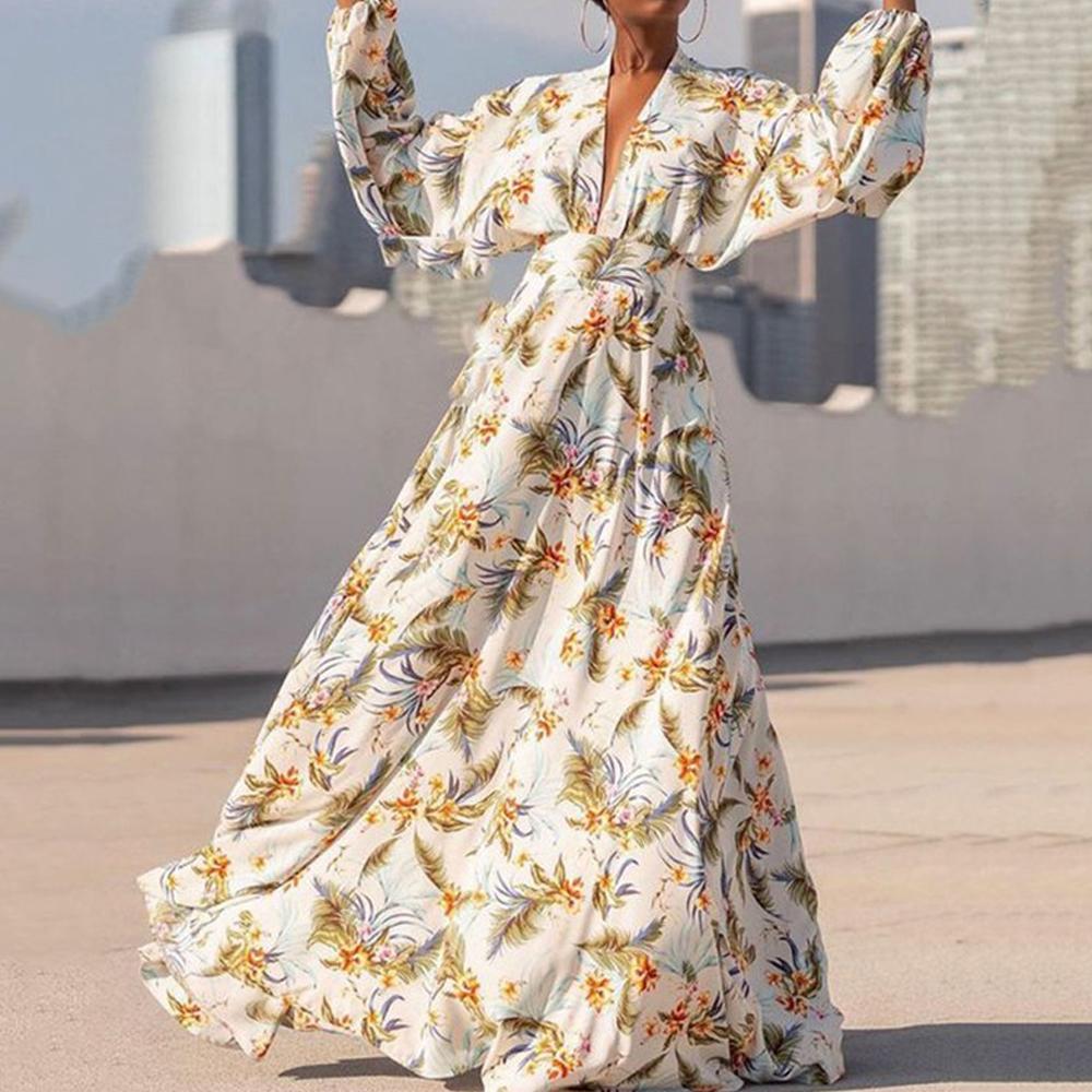 Floral Print Deep V Neck Batwing Sleeve Sexy Maxi Dress