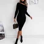 Three Colors High Neck Cut Out Shoulder Long Sleeve Midi Dress