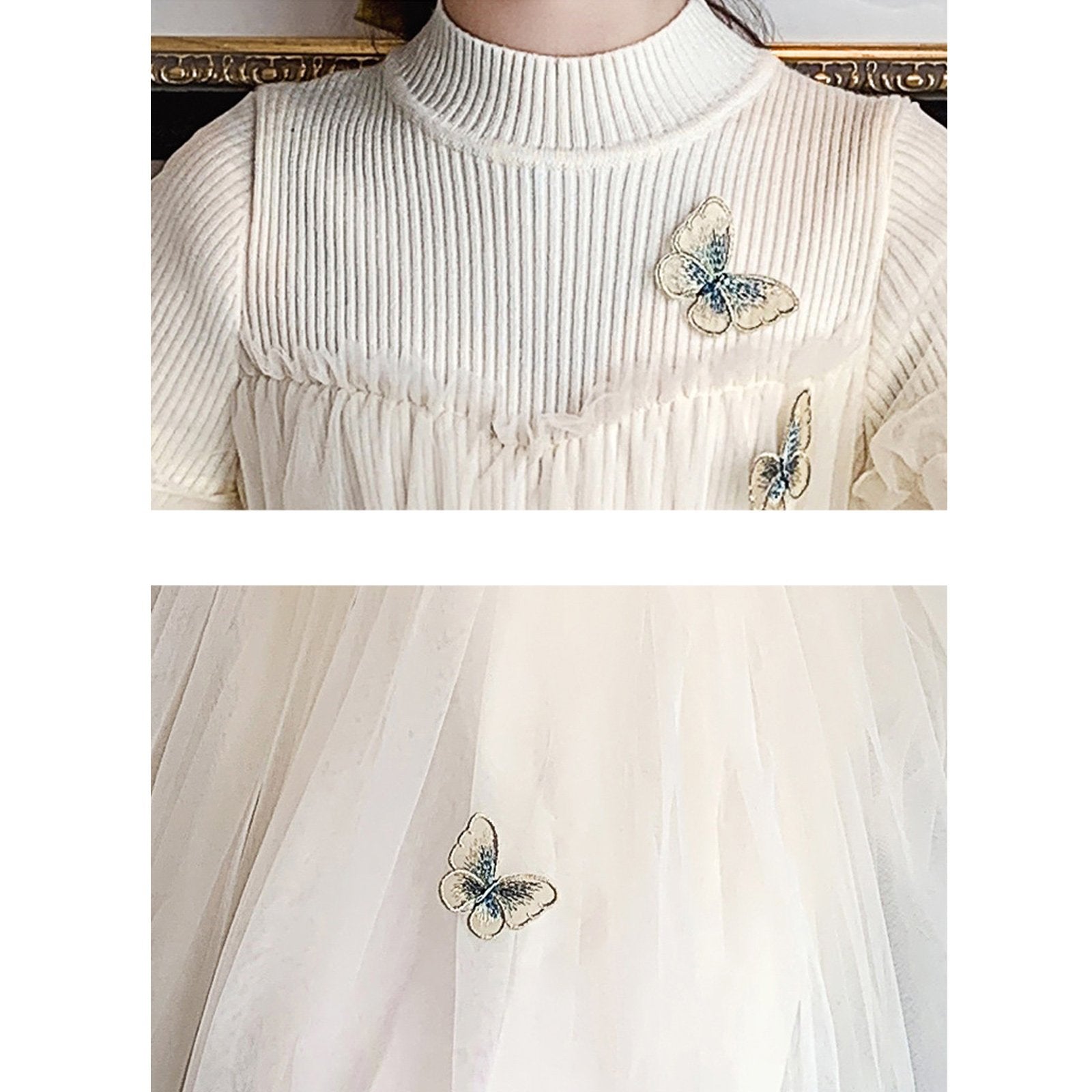 Girls Party Dress Butterfly Embroidery Lace Patchwork Knitted Dress