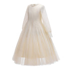 Kids Pageant Dresses Solid Color Long Sleeve Sweet Lace High Waist Dress