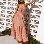 Orange Halter Neck Plaid Tie Back Ruffle Hem Dress