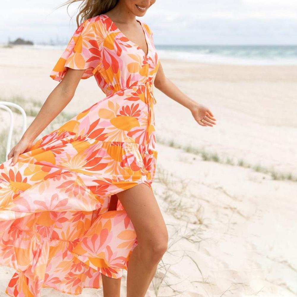 Orange V Neck Butterfly Sleeve Plant Print Slit Hem Drawstring Waist Dress