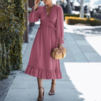 Solid Swiss Dot Mesh Flounce Sleeve Lettuce Trim V Neck Chiffon Dress