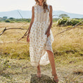 White Ditsy Yellow Floral Print Round Neck Sleeveless Long Dress