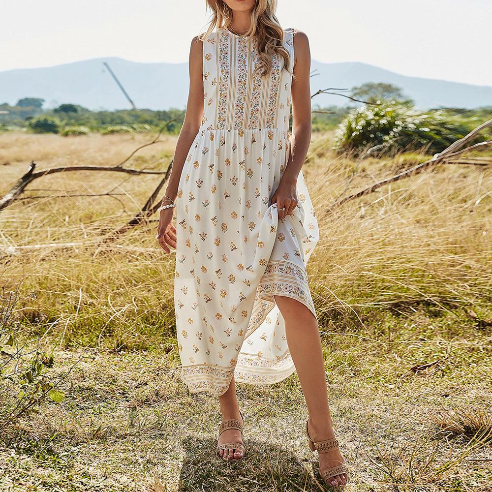 White Ditsy Yellow Floral Print Round Neck Sleeveless Long Dress