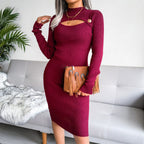 Mock Neck Cut Out Button Detail Bodycon Sweater Dress