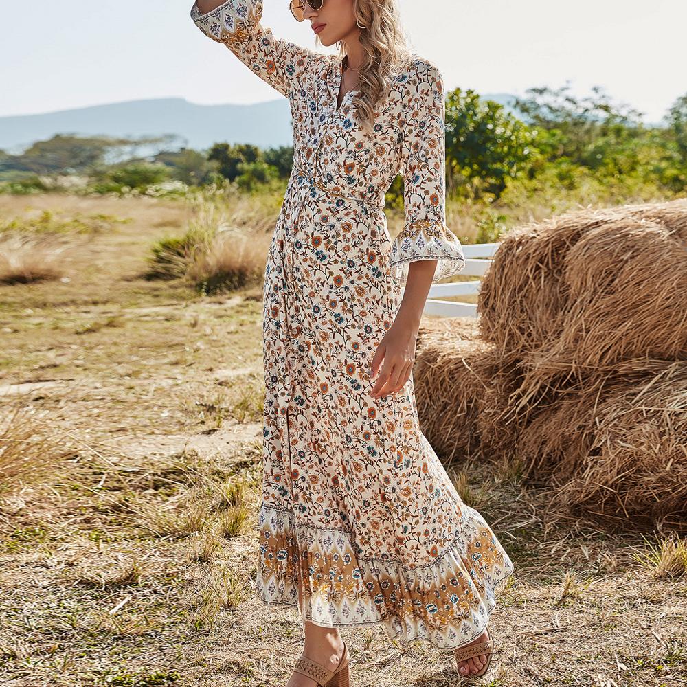Apricot All Over Print Button Front Split Thigh Ruffle Hem Half Sleeve Dress