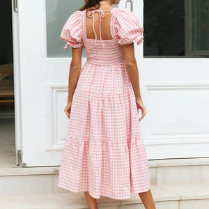 Gingham Shirred Puff Sleeve Square Neck Tie Back Dress