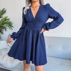 Sexy Pleated Chiffon Dress Elegent V-neck Solid Dress