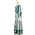 Green Paisley & Floral Print Button Front Knot Waist V Neck Dress