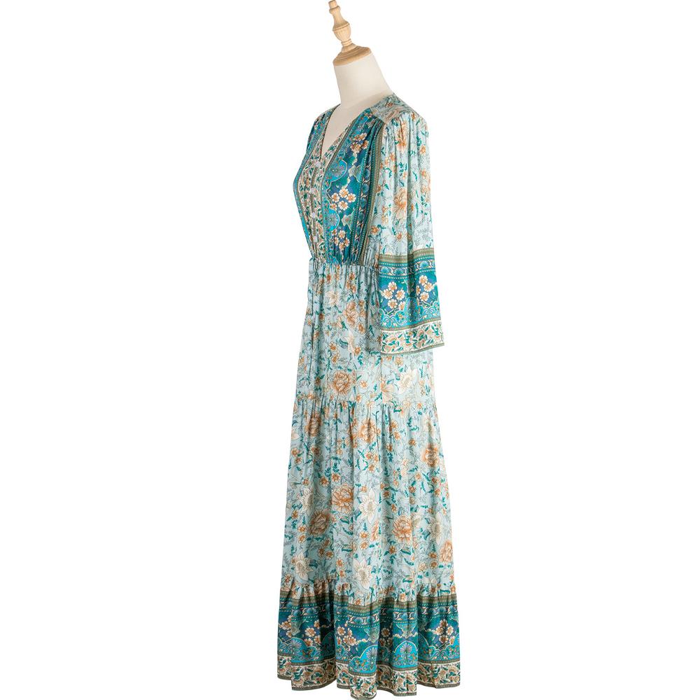 Green Paisley & Floral Print Button Front Knot Waist V Neck Dress