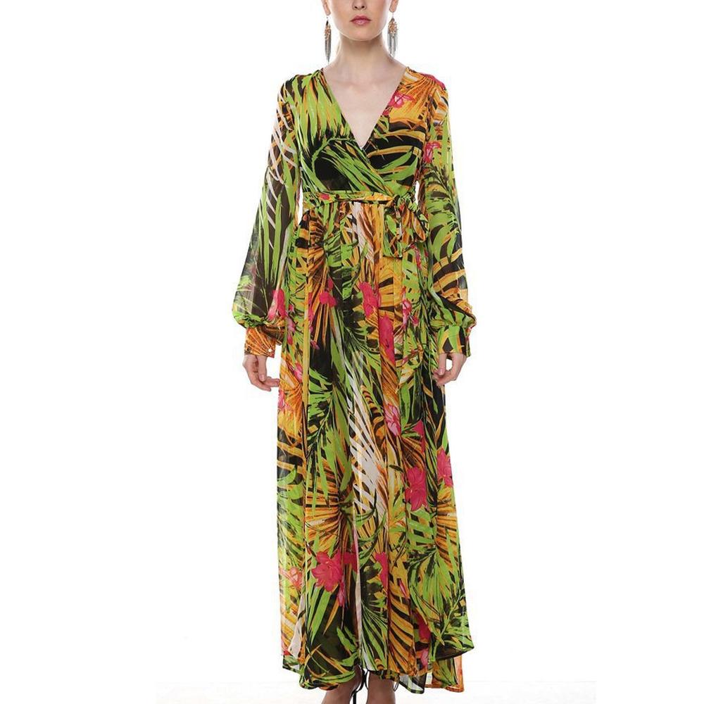 Tropical Leaves & Floral Print Lantern Sleeve V Neck Belted Maxi Dress