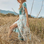 Paisley & Floral Print Surplice Sleeve Knot Waist V Neck Dress