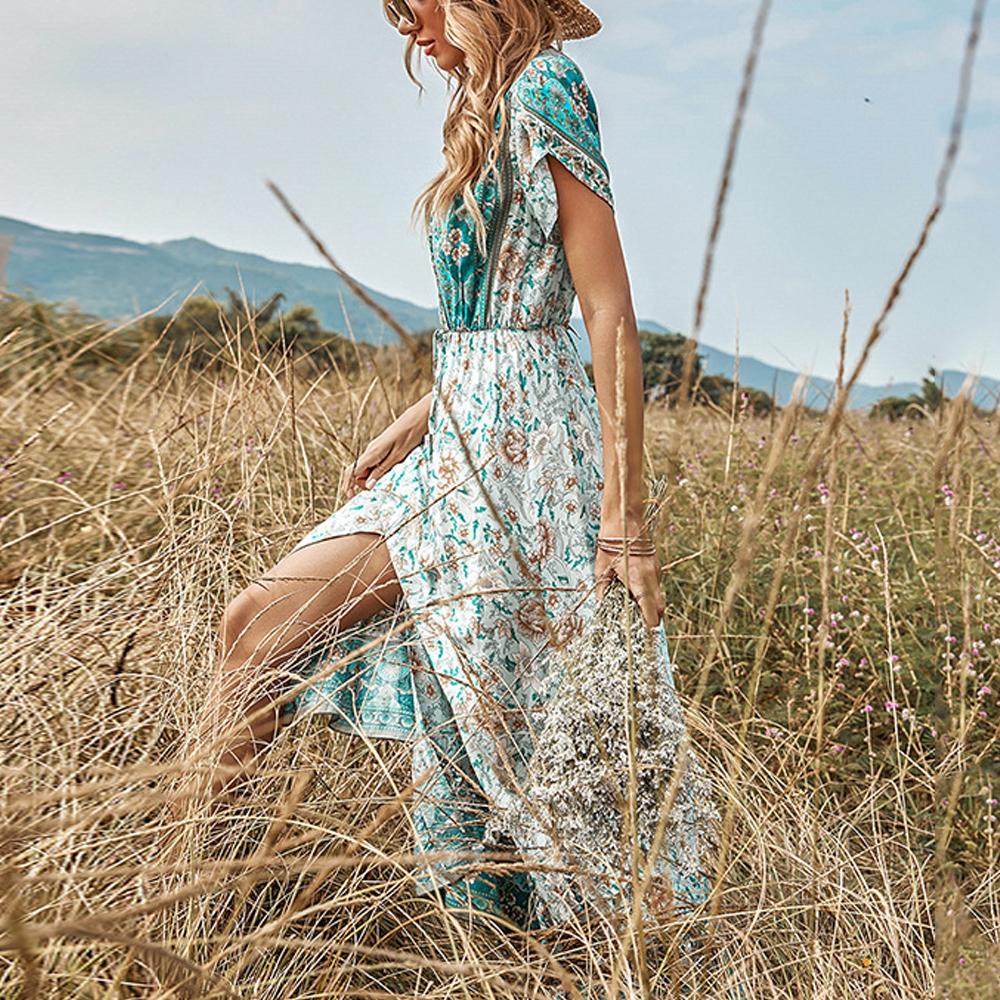 Paisley & Floral Print Surplice Sleeve Knot Waist V Neck Dress