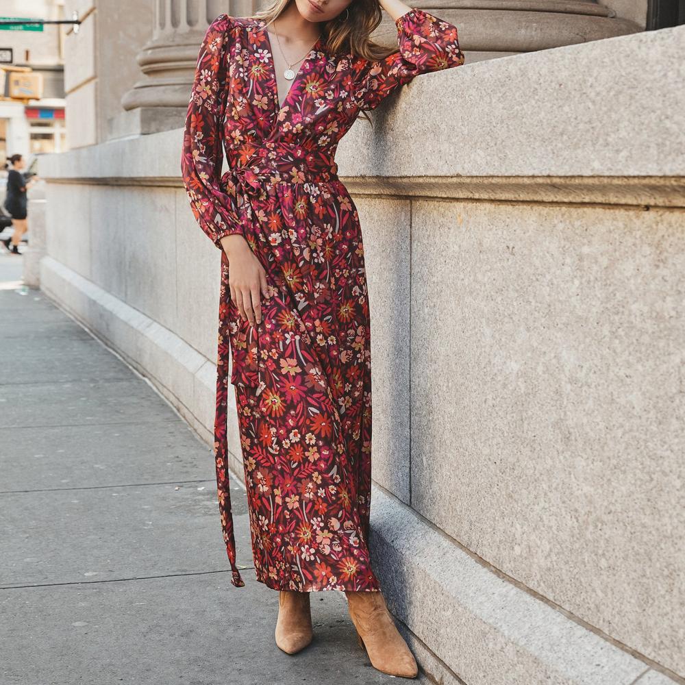 Allover Floral Print Plunging Neck Bishop Sleeve Slit Thigh Kimono Belted Dress