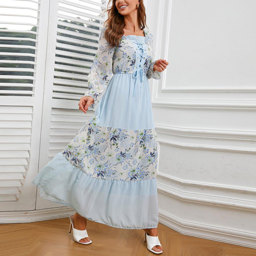 Square Neck Floral Print Lace up Front Flounce Sleeve Patchwork Maxi Dress