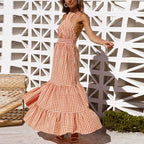 Orange Halter Neck Plaid Tie Back Ruffle Hem Dress