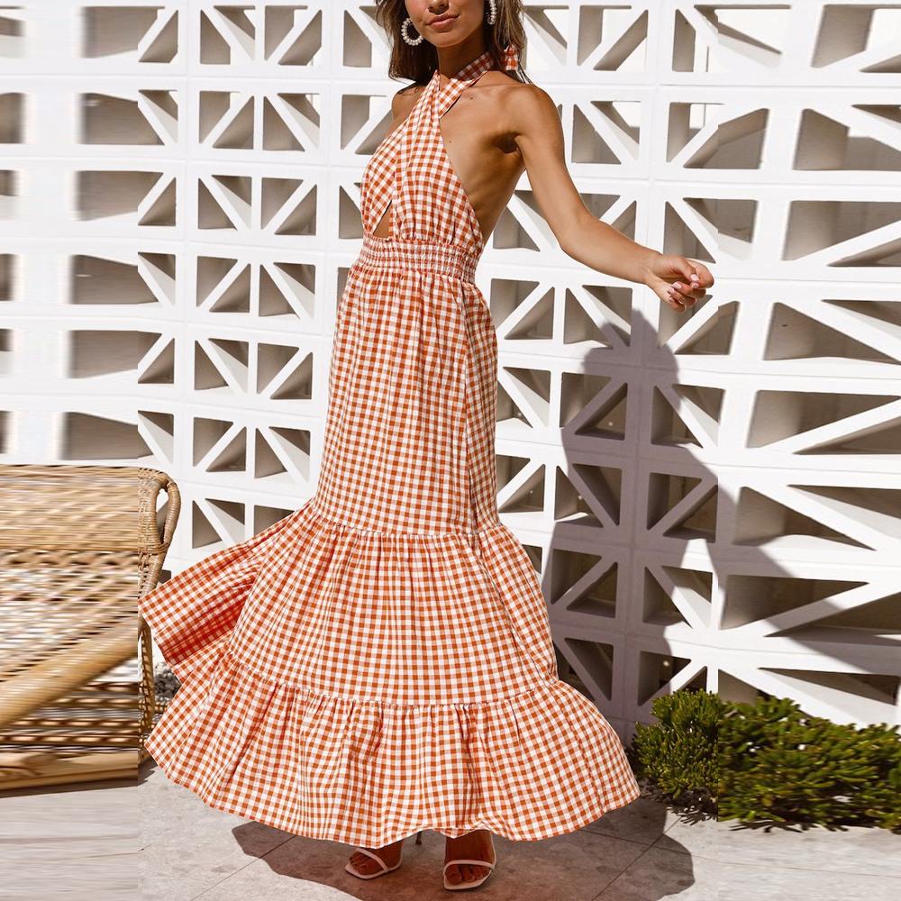 Orange Halter Neck Plaid Tie Back Ruffle Hem Dress