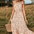 Allover Floral Print Knot One Shoulder A-line Maxi Dress