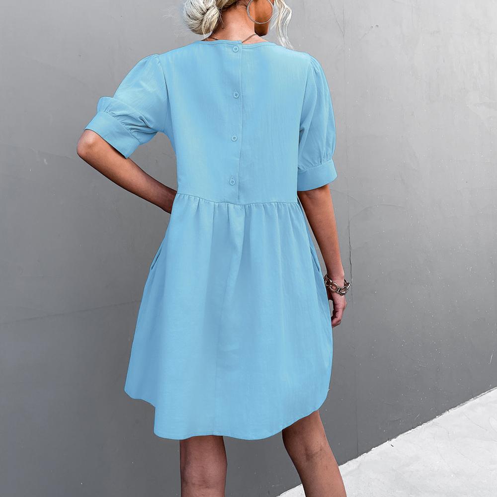 Solid Puff Sleeve Button Back Round Neck Casual Dress