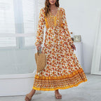 Half Button Allover Floral Print V Neck Bishop Sleeve Maxi Dress