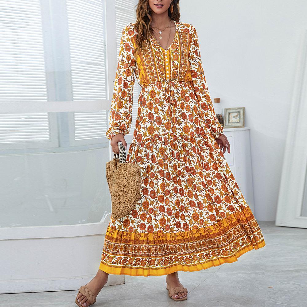 Half Button Allover Floral Print V Neck Bishop Sleeve Maxi Dress
