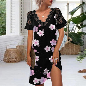 Black V Neck Floral Print Contrast Lace Short Sleeve Dress