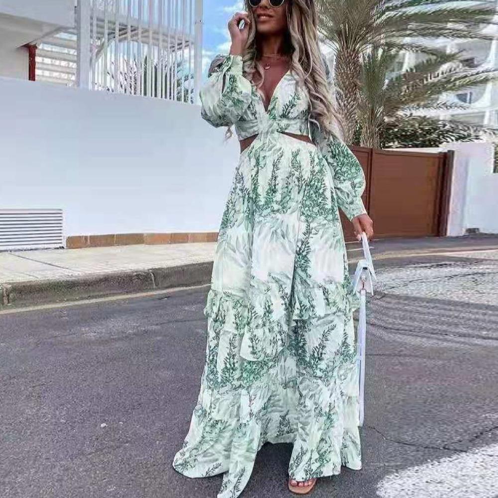 Allover Print Plunging Neck Cut Out Waist Bishop Sleeve Maxi Dress